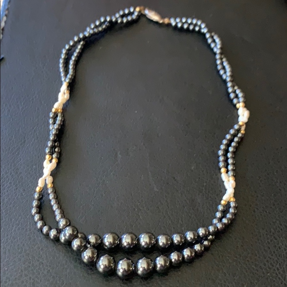 Hematite and Fresh Water Pearl beaded necklace.